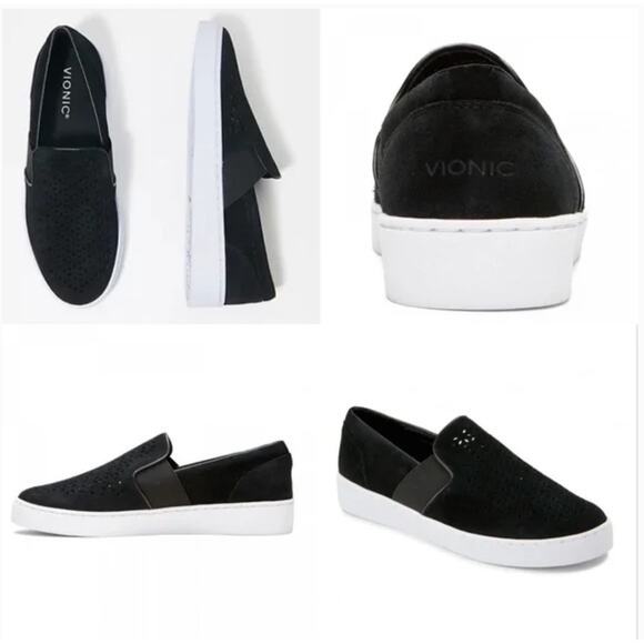 Vionic Kani Sneakers 9 Black Suede Flats Comfort Travel Laser Cut Perforated - Picture 2 of 9